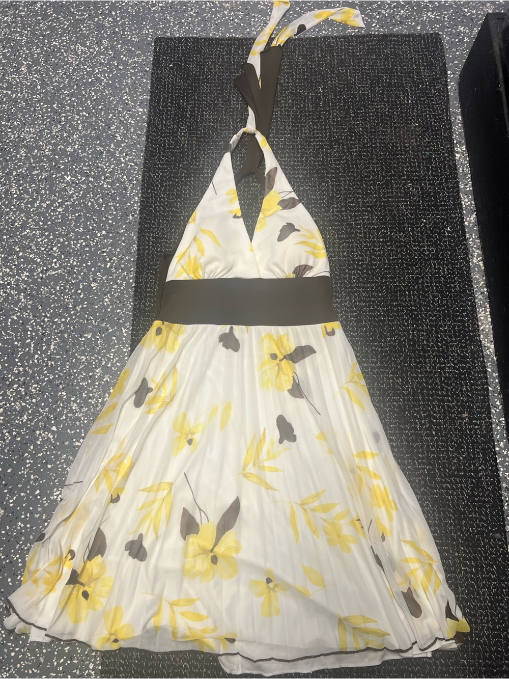 Yellow Floral Halter Dress with Brown Waistband